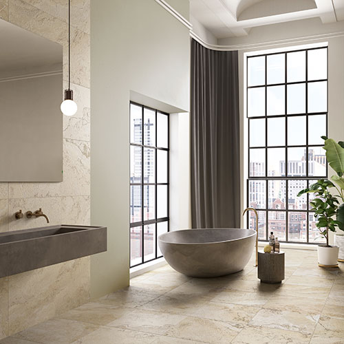 Immagine del pavimento di un bagno in un moderno appartamento, serie Bloom colore Beige