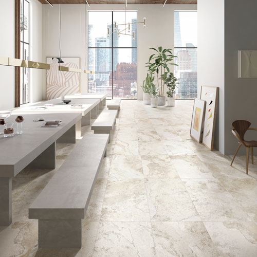Immagine del pavimento di un moderno e luminoso ristorante, serie Bloom colore White