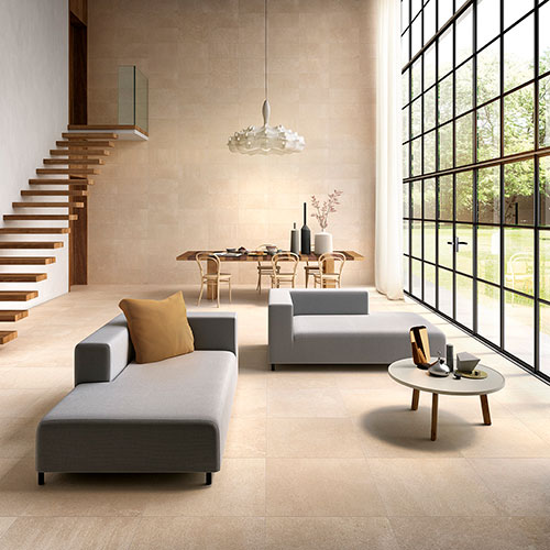 pavimento e rivestimento Cream, serie Feel, in ampio living