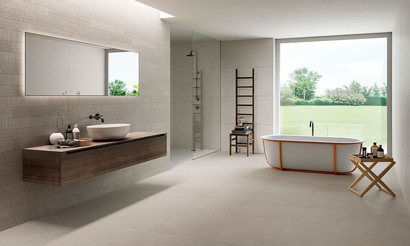 Pavimento e rivestimento Pearl, serie Feel, in ambiente bagno