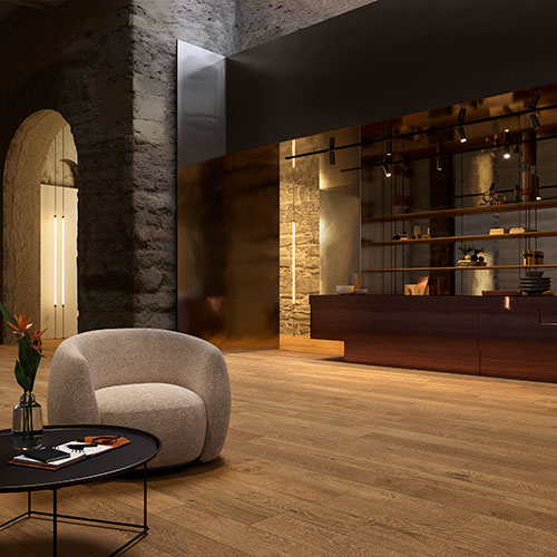 living room con pavimento variante Autumn, collezione Groove effetto legno