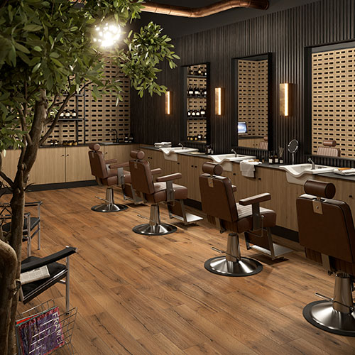 barber shop con pavimento variante Autumn, collezione Groove effetto legno
