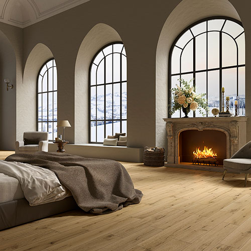 Camera da letto con pavimento variante Blond, collezione Groove effetto legno