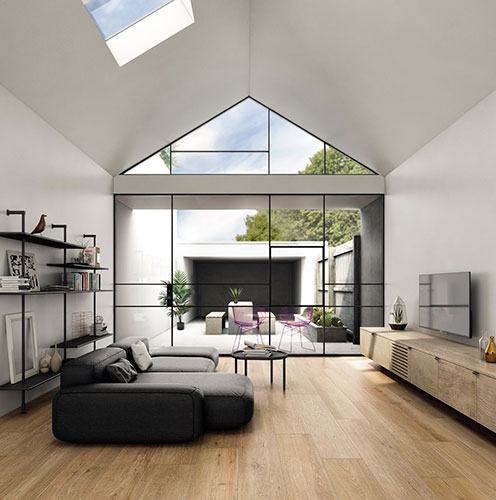 Ambiente living realizzato con Pavimento della collezione Naturel, variante Beige