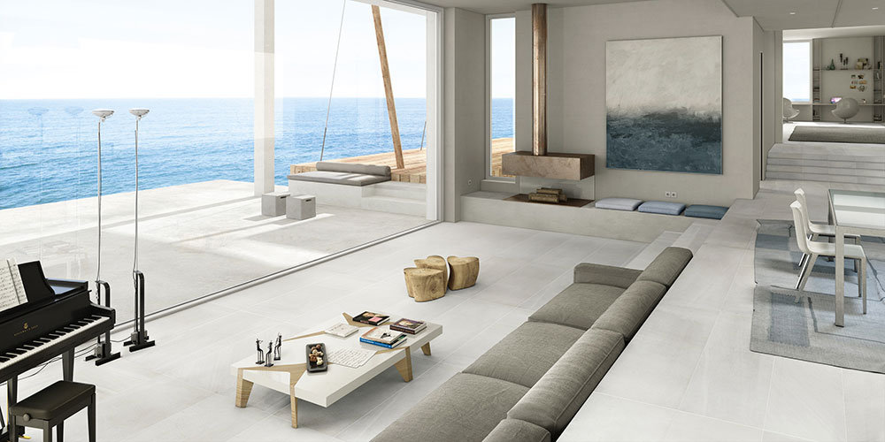Living realizzato con pavimenti della collezione Sands, variante White