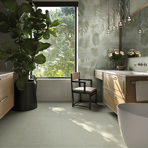 Bagno realizzato con Pavimento della Collezione Spring, variante Emerald. Rivestimento della Collezione Spring, variante Emerald Plants&Grass